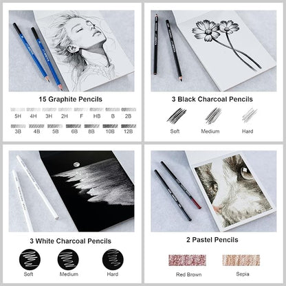 KALOUR 140 Drawing Set Sketching Kit,Art Supplies with 3-color Sketchbook & Coloring Paper,Include Tutorial, Colored, Graphite, Charcoal, Watercolor & Metallic Pencil,for Artists Adults Teens Beginner