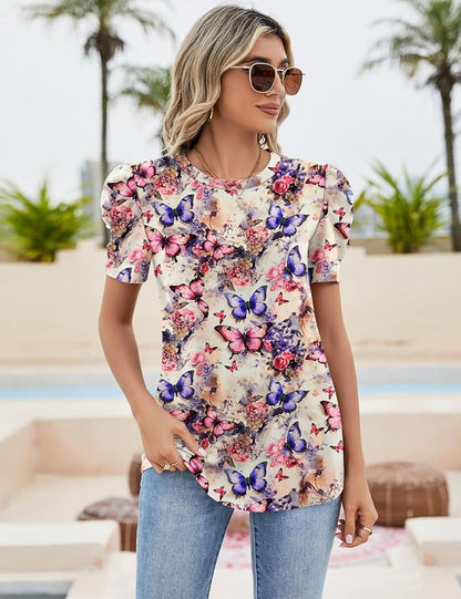Ivicoer Puff Short Sleeve Shirt for Women Eyelet Tops Summer Crewneck Blouse Loose Fit S-XXL