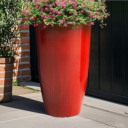 Worth Garden 23.5" H. Large Plastic Planters - Set of 2 Gradient Red Glossy Smooth Finish - Tall Plant Pots for Indoor & Outdoor Use - Decorative Lightweight Flower Pots for Front Porch, Patio, Deck
