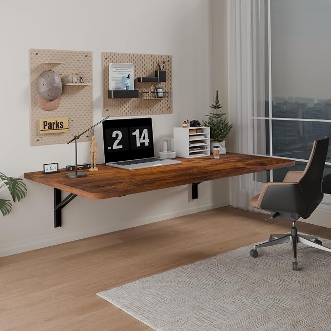 IAE 36x22in Floating Fold Desk,Wall-Mounted Folding Computer Table,Rustic | Study Table with Shelf Brackets,Foldable Down Shelf with Engineered Wood,Fold Computer Desk for Small Apartment,Holds 502 lb