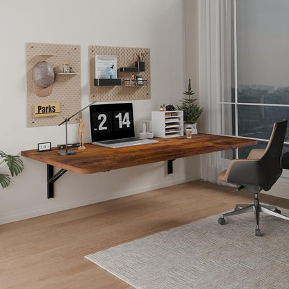 IAE 36x22in Floating Fold Desk,Wall-Mounted Folding Computer Table,Rustic | Study Table with Shelf Brackets,Foldable Down Shelf with Engineered Wood,Fold Computer Desk for Small Apartment,Holds 502 lb
