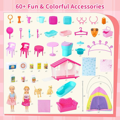 Style Shine Doll House Portable & Foldable Dollhouse w/ 60+ Pcs & 2 Dolls, Play House Toy with Bedroom Kitchen Pet House Camping Playset, Playhouse Gift for Girl Kid Toddler