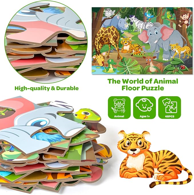 Jumbo Floor Puzzle for Kids Ages 4-6, 48 Piece Large Animal Jigsaw Puzzle, Extra-Thick Cardboard Preschool Learning Toys for Toddlers 3-5, Educational Gift for Boys Girls 3 4 5 6 7 8