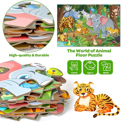 Jumbo Floor Puzzle for Kids Ages 4-6, 48 Piece Large Animal Jigsaw Puzzle, Extra-Thick Cardboard Preschool Learning Toys for Toddlers 3-5, Educational Gift for Boys Girls 3 4 5 6 7 8