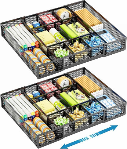 Marbrasse Expandable Desk Drawer Organizer, Mesh Drawer Organizer Tray with 10 Adjustable Compartments, Desk Organizers and Accessories for Office Supplies, Makeup & Vanity (Expandable Black-2 pack)