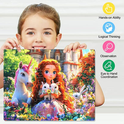 LELEMON Princess Puzzles for Kids Ages 4-8,100 Pieces Unicorn Rabbits Jigsaw Puzzles in a Metal Box,Cute Princess Learning Educational Puzzles for Boys Girls