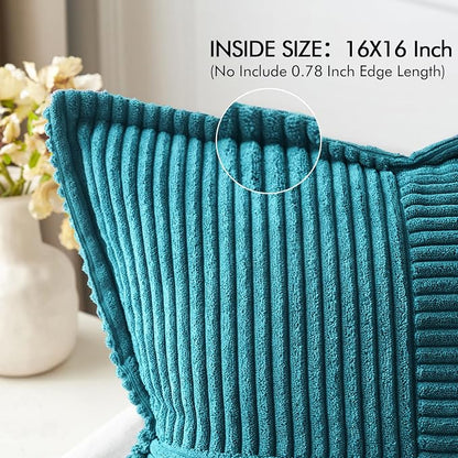 MIULEE Decorative Throw Pillow Covers for Couch Bed Livingroom 16x16 Inch Set of 2 Teal Blue Boho Accent Throw Pllows Broadside Striped Patchwork Soft Corduroy Summer Coastal Pillowcases