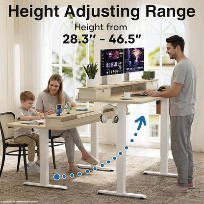 Veken 47x28 in Electric Standing Desk with Drawers, Adjustable Table, Wood | Stand up Computer Desk for Home Office, Work & Study, with Storage, 3 Memory Presets, Cable Organizer, Hook, and Quiet Lift.