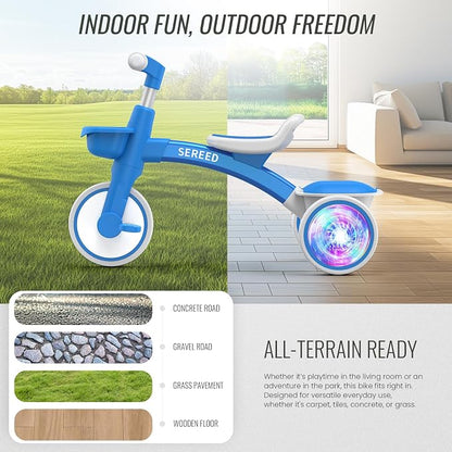 SEREED Colorful Lighting Toddler Tricycle for 2-5 Years Old Boys Girls, Adjustable Seat&Handlebar Trike, Removable Basket, Birthday Gift Idea for Kids Ages 2+ (Blue)