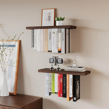 Floating Bookshelves for Wall, Rustic Wood Hanging Wall Bookshelf, Upside Down Book Shelf and Wall Mounted Bookshelves for Home Decor in Bedroom, Living Room, Carbonized, 2 Pack
