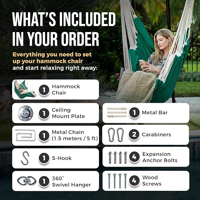 Hanging Hammock Chair Swing – Hanging Chair Outdoor & Indoor - Hammock Swing Chair – Quick & Easy Setup with Hardware Kit – Durable & Spacious Full Body Support – Holds 440 Lbs