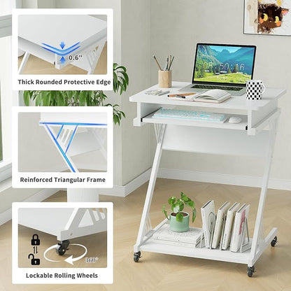ALISENED Computer Desk for Small Spaces Compact Desk with Keyboard Tray | 23.6" Z-Shaped, with Wheels and Bottom Shelves, for Home Office, Computer Cart Mobile Laptop Cart, White