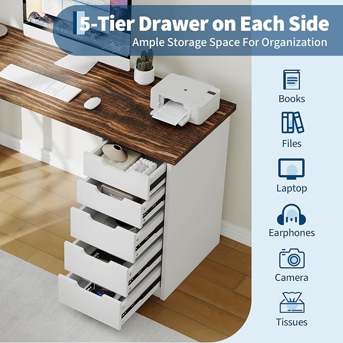 Garvee Computer Desk with 5 Drawers, 47 Inch Modern Simple Study Writing Desk with Storage, Rustic Home Office Desk, Reversible Computer Desk for Small Spaces, Apartments, Dorms, Brown+White