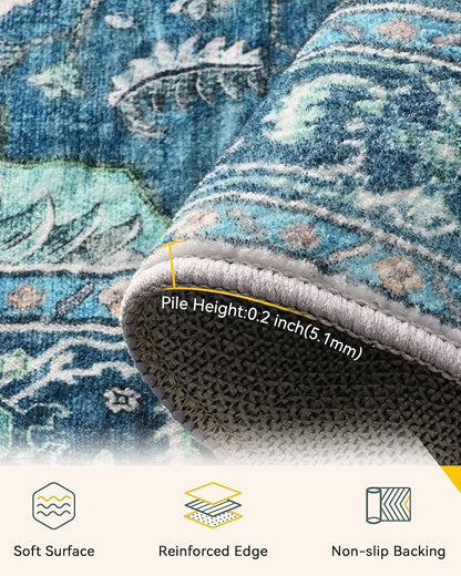 RELEANY Area Rugs Large 10'x12' Washable Non-Slip, Floral Vintage Distress Medallion Carpet for Living Room Bedroom Dining Room, Teal Green Lake Blue Turquoise