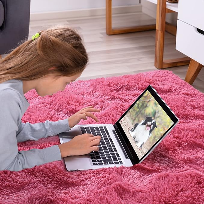 Softlife Rug for Bedroom 4x5.3 Feet Area Rug for Living Room Super Soft Shaggy Rugs for Kids Room Fluffy Fuzzy Carpets Long Plush Bedside Rug Nursery Christmas Home Decoration for Boys Girls, Rose Red