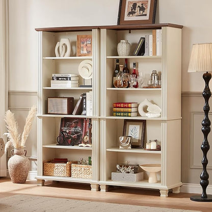 SAVOR LIFE 70" Tall White Bookshelf,5 Tier Wood Book Shelf with Adjustable Shelves & Wood Legs,Free Standing Farmhouse Bookcase with Open Display Storage,Vintage Kids Bookshelves for Nursery,2PCS