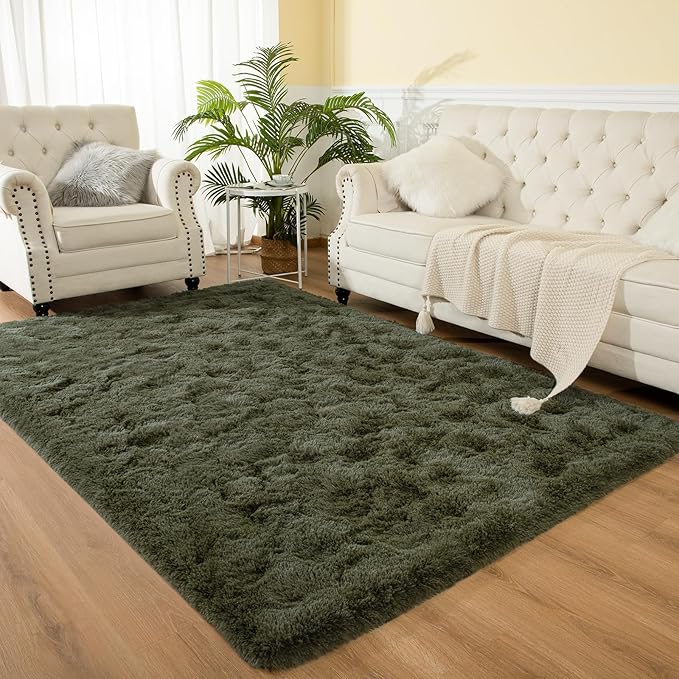 Softlife Rug for Bedroom 4x5.3 Feet Area Rug for Living Room Super Soft Shaggy Rugs for Kids Room Fluffy Fuzzy Carpets Long Plush Bedside Rug Nursery Christmas Home Decor for Boys Girls, Olive Green