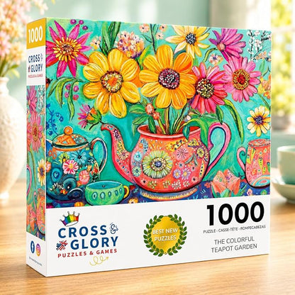 Cross & Glory - The Colorful Teapot Garden - 1000 Piece Jigsaw Puzzle for Adults | Best New Floral Artwork Puzzle | Relaxing and Intricate Puzzle Experience