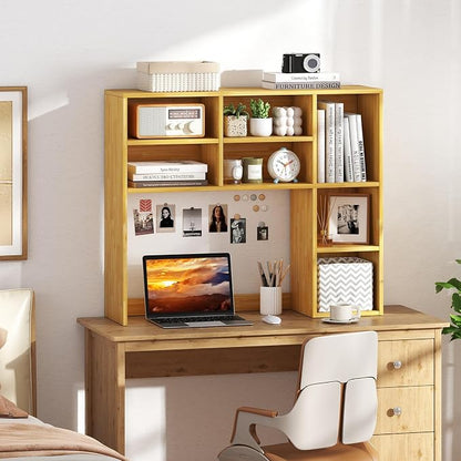LDAILY Desktop Bookshelf, 37’’ Wood Desk Shelf with 7 Cubes & 3 Adjustable Shelves, 3-Tier Desk Display Rack, Desk Hutch for Dorm College Office Computer Monitor Up to 27’’ (Burlywood, 7 Shelves)