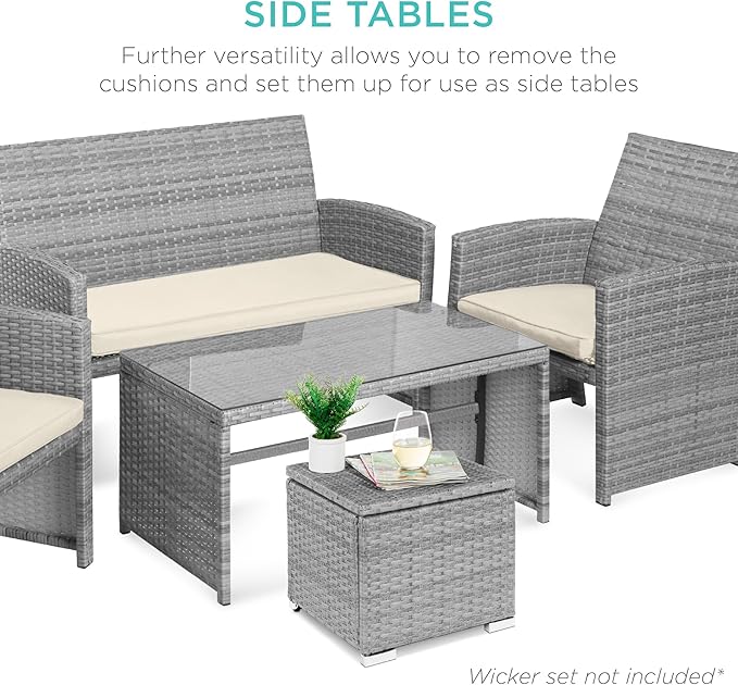 Best Choice Products Set of 2 Wicker Ottomans, Multipurpose Outdoor Furniture for Patio, Backyard, Additional Seating, Footrest, Side Table w/Storage, Removable Cushions - Cream/Gray