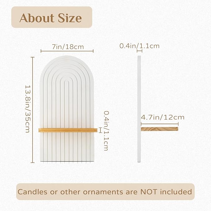Boho Wall Candle Holder Set of 2 with White Arched 3D Design | Mid-century Candle Sconces, Soild Wood, Modern Minimalist, for Pillar, Plants, Bohemian Art Decor, Beside Fireplace and TV