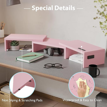 BONTEC Dual Monitor Stand Riser with Smartphone Holder, Adjustable Length & Swivel Angle, Ergonomic Wooden Desktop Organizer for PC Monitor, Laptop, Printer, Large Storage, 42.5 in, Pink
