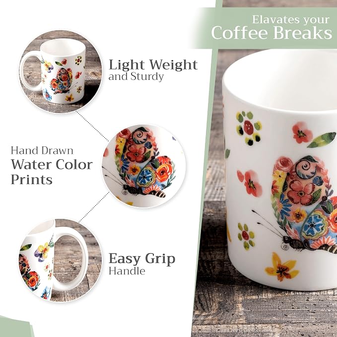 Maison d' Hermine Coffee Mug with Handles Tea Cups (15 Ounce, Pack of 1) | Fine Bone China Coffee Mugs for Hot Beverages Cappuccino Latte Home Spring Summer -Happy Florals - High Summer Butterfliess