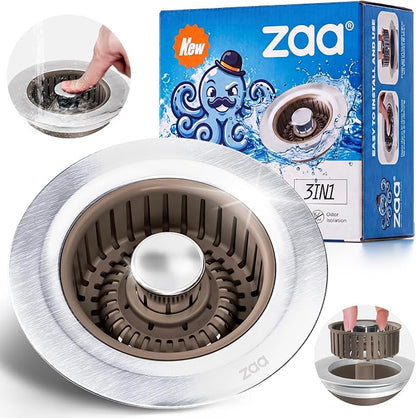 zaa 3 in 1 Kitchen Sink Drain Strainer Stopper Removable Basket Pop-Up | Kitchen Sink Accessories 1 Pack Brown Stainless - Food Catcher, Odor-Blocking Seal, Fits 3.5" Drain, Easy Clean