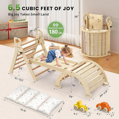 BlueWood Pikler Triangle Set with Cushion - Climbing Toys for Toddlers 9-in-1, Montessori Philosophy Play Jungle Gym with Arch, Ramp, Ladder (Natural Color)