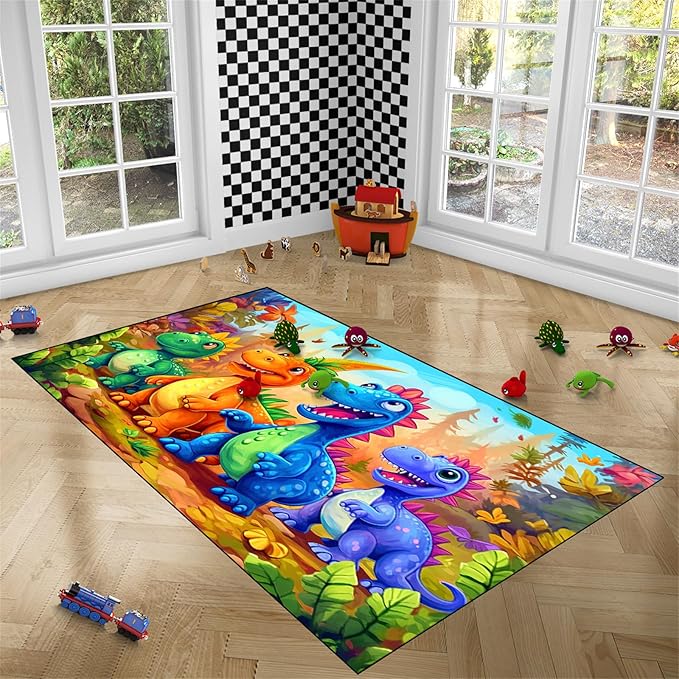 Dinosaur Rug for Boys Room - Colorful Cute Dino Rug for Room Kids Carpet for Bedroom Boys Bedroom Rug Cartoon Dinosaur Rug Cute Dinosaur Rugs for Boys Bedroom,2'5''×4'