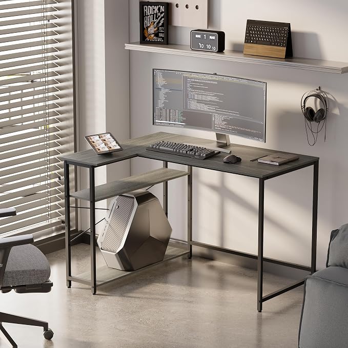 Pamray 43 Inch L Shaped Computer Desk with Reversible Side Storage Shelves, Small Corner Desk for Small Space Home Office,Writing Study Table PC Desk for Bedroom,Espresso Gray