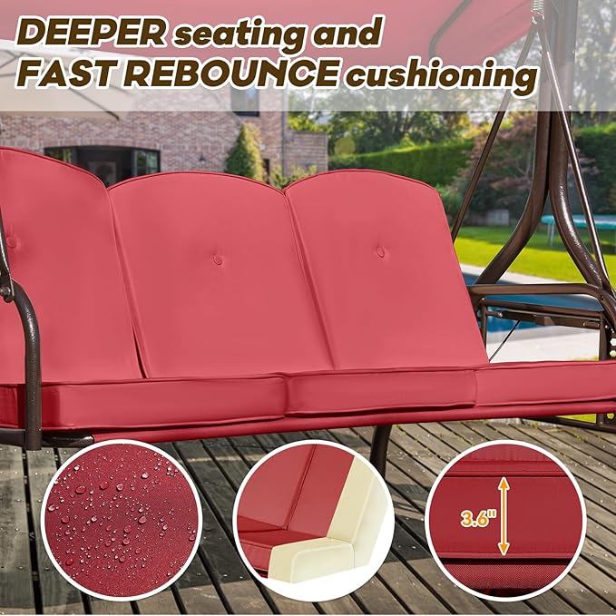 3 in 1 Outdoor Porch Swing with Adjustable Canopy, 3 Seat Outdoor Swing for Adults, Patio Swing Chair with Thickened Cushions,Pillows & Cup Holders for Backyard, Porch, Garden (Wine Red)