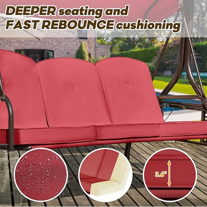 3 in 1 Outdoor Porch Swing with Adjustable Canopy, 3 Seat Outdoor Swing for Adults, Patio Swing Chair with Thickened Cushions,Pillows & Cup Holders for Backyard, Porch, Garden (Wine Red)