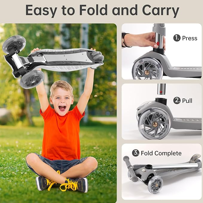 3 Wheel Scooter for Kids Ages 6-12,Kids Scooter with Light Up Wheels, Sturdy Deck Design, and 4 Height Adjustable Suitable for Kid Ages 3-12