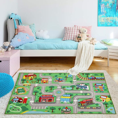 Kids Play Rug for Playroom 5.2x3.3 ft Town City Road Map Car Mat Play Mat Educational Learning Carpet Area Rug for Boy Girl Toddler Bedroom Playroom
