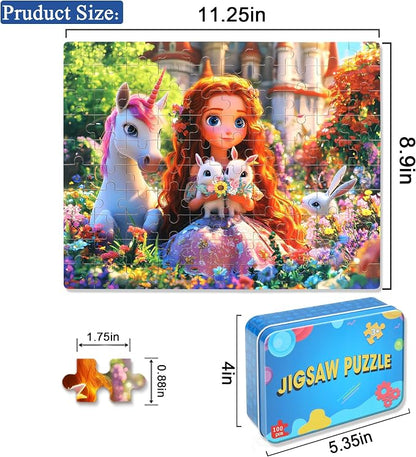 LELEMON Princess Puzzles for Kids Ages 4-8,100 Pieces Unicorn Rabbits Jigsaw Puzzles in a Metal Box,Cute Princess Learning Educational Puzzles for Boys Girls