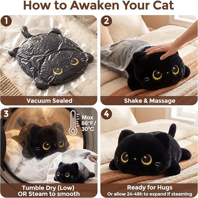 Mewaii Cute Black Cat Plush Pillow, Kawaii Plushies Black Cat Stuffed Animals, Squishy Plushies, Cuddle Plush Pillow for Kids & Girls (13 Inch)