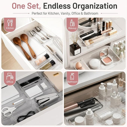 12 Pack Large Drawer Organizer Bins - Clear Plastic Bathroom Drawer Organizer Trays - Heavy Duty Kitchen Drawer Dividers for Utensils - Non-Slip Storage Bins for Makeup, Bedroom, Office Desk