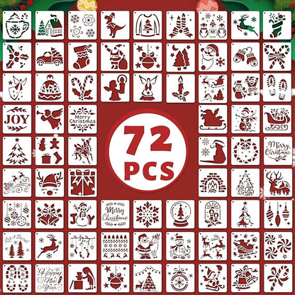 72 PCS 3x3 Inch Christmas Stencils for Painting - Snowflake Santa Claus Christmas Tree Reusable Christmas Painting Templates on Wood, Glass, Fabric, Window Door Decor DIY Decoration
