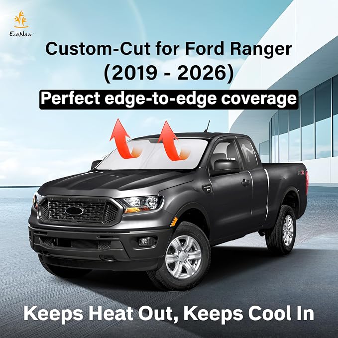 EcoNour Windshield Sun Shade Compatible for Ford Ranger (2019–2024) | Front Window Shade for Midsize Pickup Truck | 4-Layer, 240T Sunshade Accessories | UV & Heat Reflector for Ranger Windshield