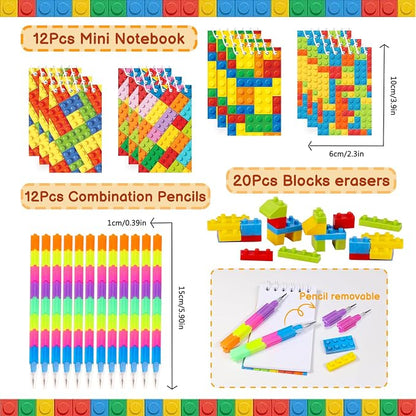 Bluegogo 104Pcs Building Block Birthday Party Favors for Kids Include Mini Notebook Pens Straws Keychains Erasers Wristbands Stickers Bags for Building Blocks Birthday Party Supplies