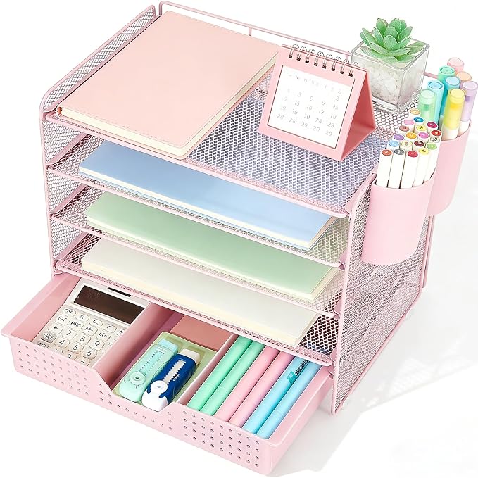LEKETREE Desk Organizers and Accessories, 5-Tier Paper Letter Tray Organizer with Drawer & 2 Pen Holders, Desktop Organizer for Office Supplies (Pink)