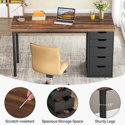 Tribesigns Computer Desk with 5 Drawers, 47 inches Rustic Brown Home Office Desk with Storage, Modern Simple Laptop Desk Study Writing Table for Small Spaces (1, Brown+Black)