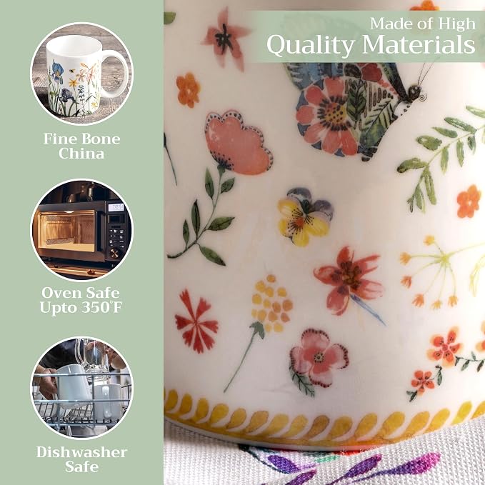 Maison d' Hermine Coffee Mug with Handles Tea Cups (12 Ounce, Pack of 2) | Fine Bone China Coffee Mugs for Hot Beverages Cappuccino Latte Home Restaurant Hotel Spring Summer -Happy Florals - Sweety
