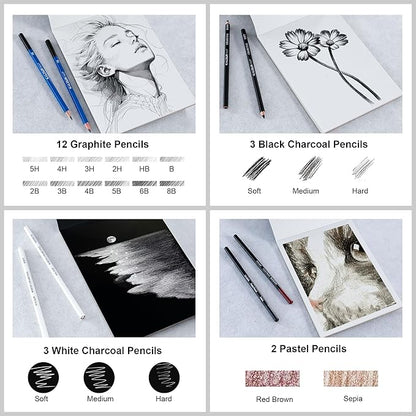 KALOUR 206 Drawing Set Sketching Kit,Art Supplies with 3-color Sketchbook & Coloring Paper,Include Tutorial, Colored, Graphite, Charcoal, Watercolor & Metallic Pencil,for Artists Adults Teens Beginner