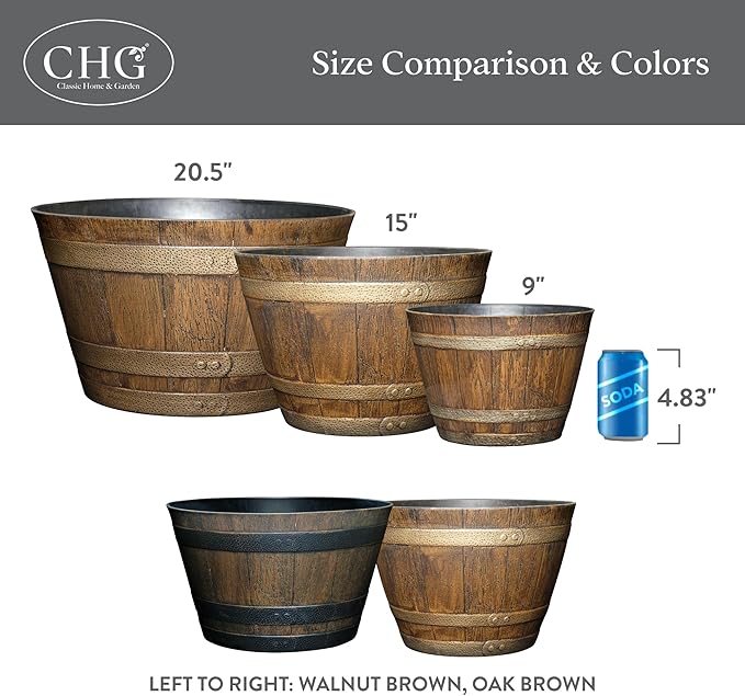 Classic Home & Garden Whiskey Barrel Planters - Wood Finish Flower Planter Pot - Stylish Garden Pots - Indoor & Outdoor Resin Planters - Weather-Resistant Planting Pot (20.5" Kentucky Walnut, 1- Pack)