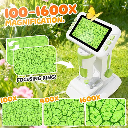 1600X Microscope for Kids, 1080P 4.0" Digital Screen Kids Microscopes with Slides Kit, Educational Science Toys for Christmas Birthday Gifts for 3-14 Year Old Children Students