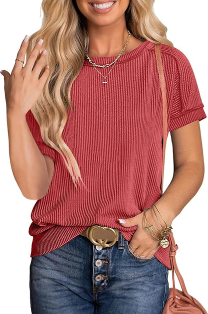 ANRABESS Womens Short Sleeve Crewneck Shirts Ribbed Knit High Low Hem T Shirt 2026 Summer Spring Casual Tops Trendy Clothes