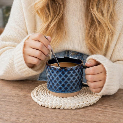 GBhome 12 OZ Stackable Coffee Mugs Set of 4, Ceramic Coffee Cups Set | Coffe Cups With Saucer and Stand, Dishwasher&Microwave Safe, 4 Assorted Designs