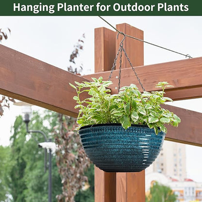 12 inch Large Hanging Planters for Indoor Outdoor Plants, Set of 2 Glazed Hanging Flower Pots with Drainage Hole, Hanging Baskets for Garden Home Porch Decor